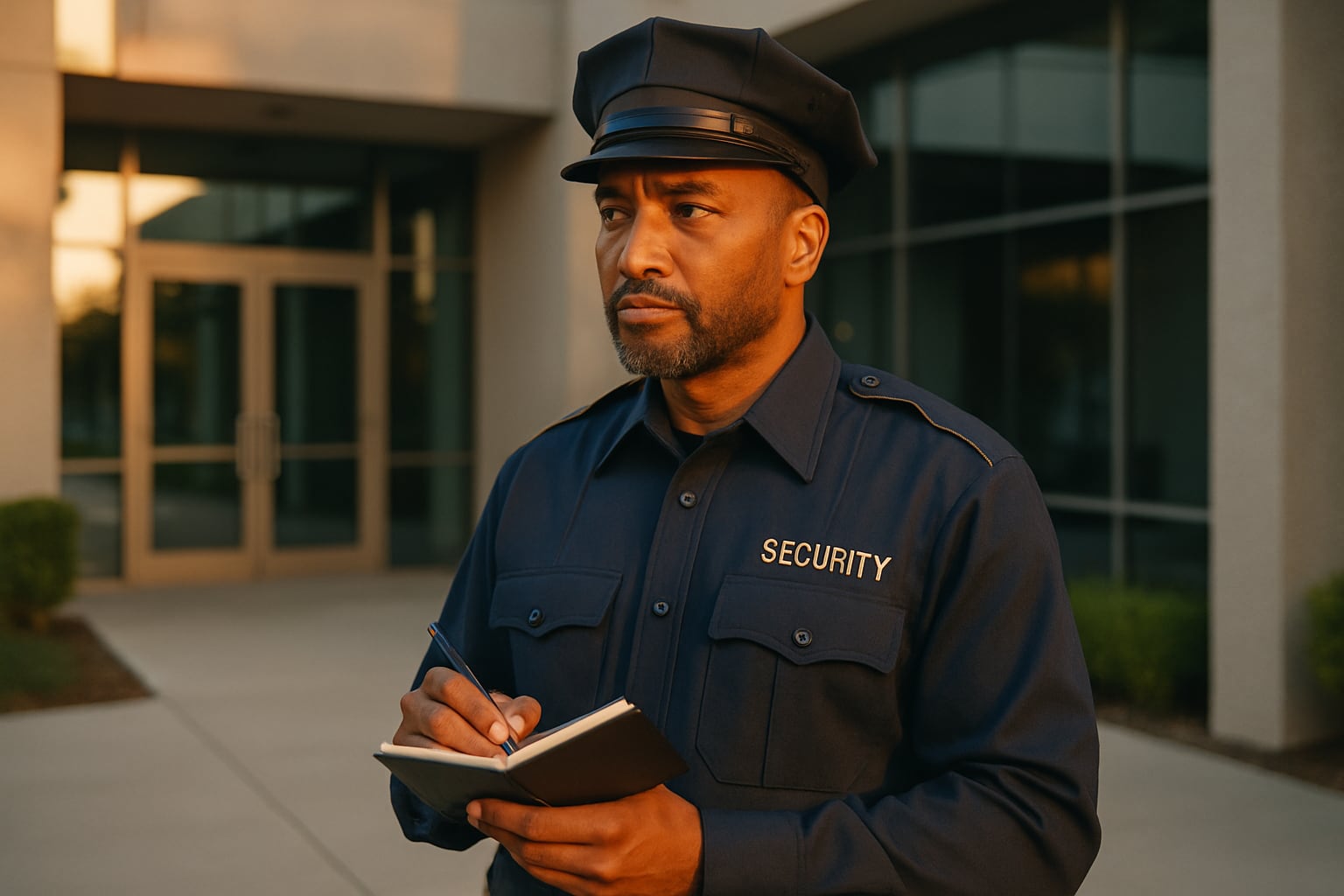 A California security officer at a quiet commercial property post