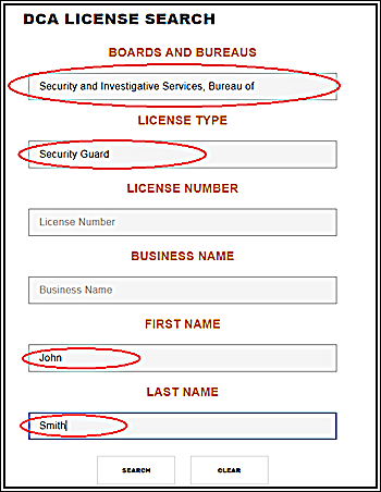 CA DCA Breeze License Search Dialog Box with example info