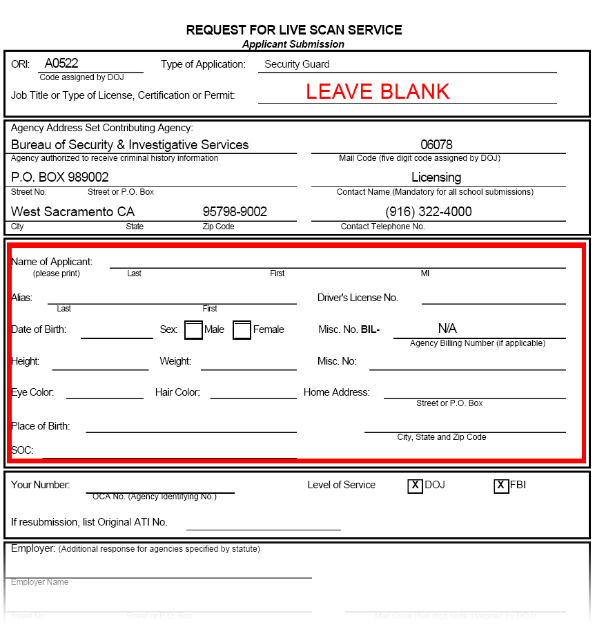 Live Scan Fields to fill out